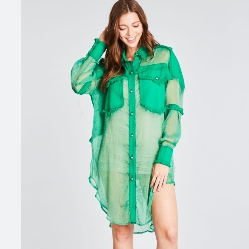 TOV Los Angeles Green Sheer Button-Down Shirt with Frayed Detailing Pockets M